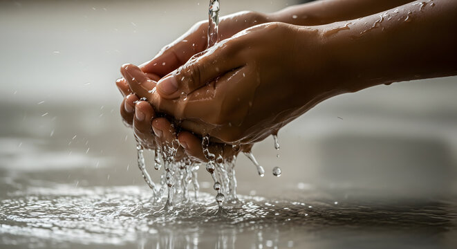 Muslim performing wudu by washing hands with flowing water, symbolizing purification, faith, and spiritual preparation during Ramadan and Eid prayers.