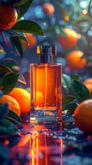 Perfume bottle nestled amidst ripe oranges and vibrant greenery, illuminated by soft, bokeh-filled light