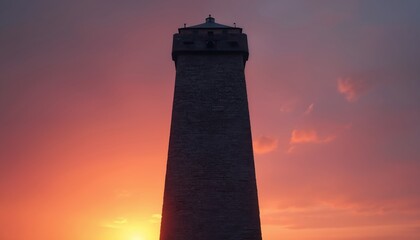Stone tower looms against vibrant sunset sky with orange and purple hues. This historical structure stands tall, an ancient landmark against the fading light of evening.