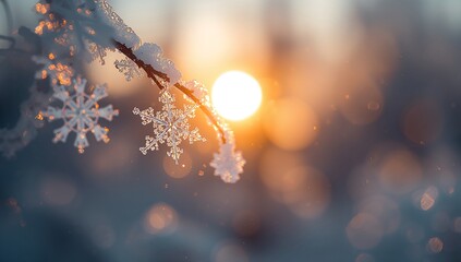 Sunset Snowflakes on Tree Branch Winter Landscape