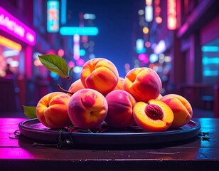 Peaches arranged on a tray with neon city backdrop; half-cut fruit reveals seed