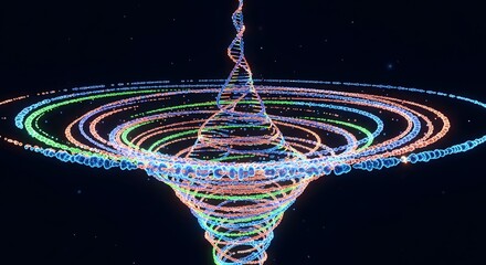 Abstract colorful DNA helix structure forming a spiral vortex of particles in dark space, symbolizing genetic engineering, biotechnology research, and medical science innovations