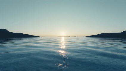 Sunset Over Calm Sea with Mountain Silhouettes