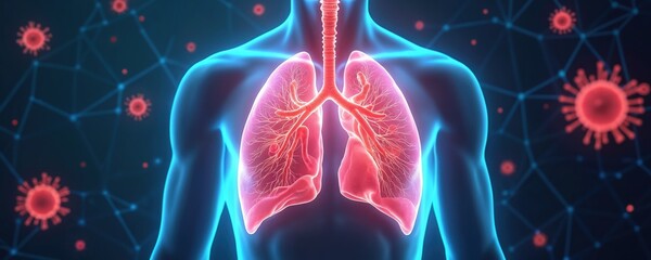 Human chest with glowing blue outline showing pink lungs inside. Red virus particles float around a digital network on dark background. Medical concept.