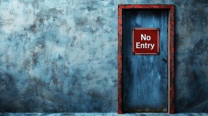 A blue door with a red "No Entry" sign on a textured blue wall.