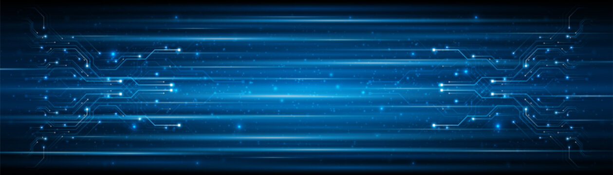 Blue glowing lines with glitter light effect on dark background. High speed internet technology concept or fast wireless data transmission. modern internet network connection technology background