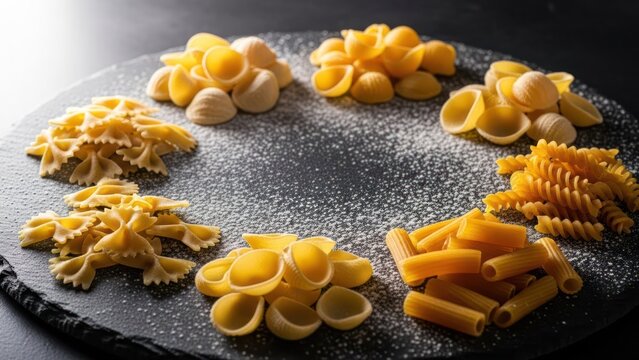 Assorted raw pasta types arranged in a circle on a dark, flour-dusted surface