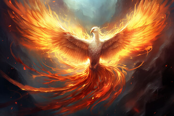 The phoenix is ​​reborn from the swirling cosmic dust, its wings glowing.
