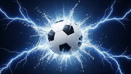 Fototapeta premium Soccer ball exploding with water splashes and lightning bolts image
