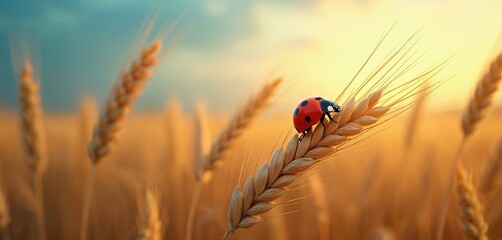 Red ladybug crawls on ripe wheat ear in sunlit field at dusk. Golden light shines on agriculture grain crop with sky background. Small insect on plant.