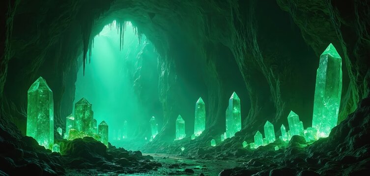 Vast dark cave filled with glowing green emerald crystal formations. Stalactites hang from ceiling, light streams through opening. Rough terrain floor with water pools reflects gem glow.