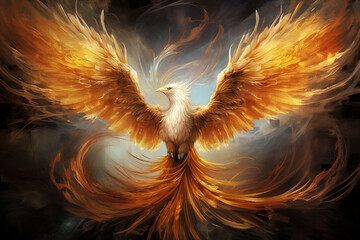 The phoenix is ​​reborn from the swirling cosmic dust, its wings glowing.