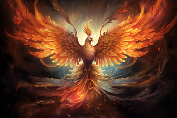 The phoenix is ​​reborn from the swirling cosmic dust, its wings glowing.