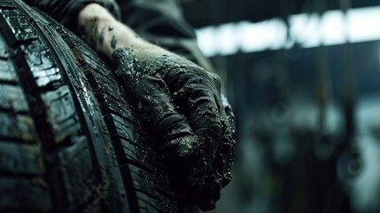 Dirty hand holding tire