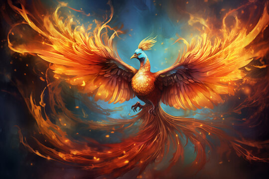 The phoenix is ​​reborn from the swirling cosmic dust, its wings glowing.
