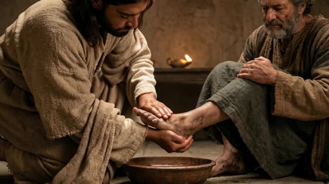 Jesus Christ Washing the Feet of Apostle Peter, Close-up Video. Biblical Scene of Servant Leadership and Humility