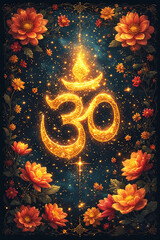 Golden Om Symbol Surrounded by Blooming Orange Lotus Flowers, Twinkling Stars and Glowing Aura on Deep Indigo Cosmic Background for Yoga Meditation Posters, Spiritual Zen Decor