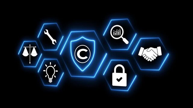 Copyright protection and intellectual property concept on the transparent background. Online security, legal ownership, content regulation, copyright law. Motion graphics of copyright idea. 4k video.
