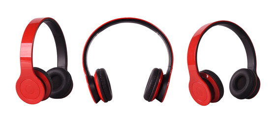 A set of red and black wireless volume headphones on an isolated background