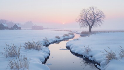 Winter Landscape with Snow Covered Fields and Tree