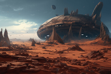 A sci-fi desert with a giant spaceship half-buried beneath it.