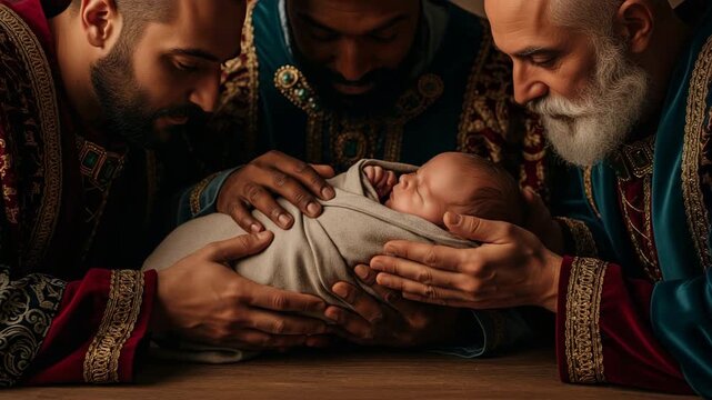 Generative AI video of Three Wise Men watching Newborn Baby Jesus, Close-up Video of Epiphany and Dia de los Reyes Celebration Concept. Caspar, Melchior, Balthasar three kings.