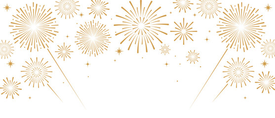 Elegant gold fireworks burst and sparkling stars on clean white background, festive celebration illustration for New Year, holiday party, greeting card, luxury event design, minimalist style vector. © bibin