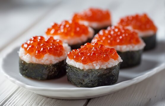 Sushi with red caviar. Several pieces of guncan with white rice and nori, a generous layer of bright eggs on top, neat serving on a white oval plate, a light wooden table, Japanese cuisine.