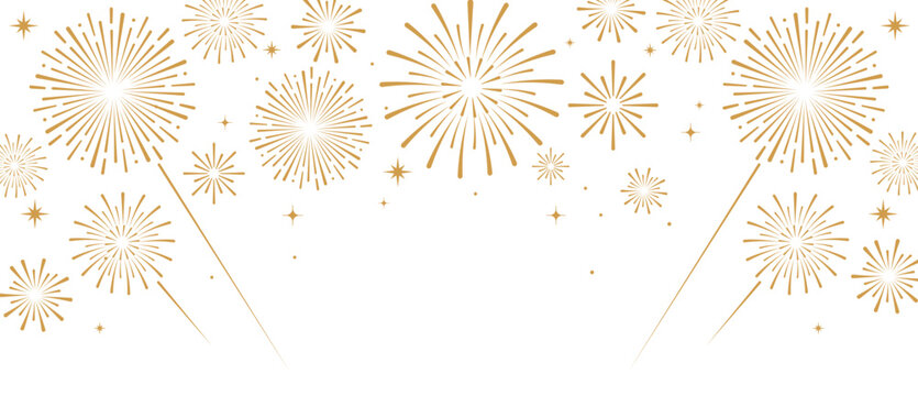 Elegant gold fireworks burst and sparkling stars on clean white background, festive celebration illustration for New Year, holiday party, greeting card, luxury event design, minimalist style vector.