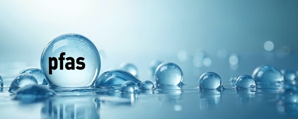 Clear water droplets and bubbles form on a surface. One large bubble contains the word pfas, symbolizing chemical contamination in liquids and environmental concerns.