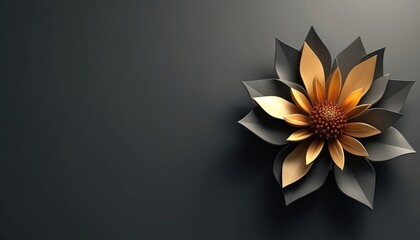 Abstract 3D geometric flower with gold and grey petals on dark background. Minimalist, elegant and luxurious floral design element for premium decor.