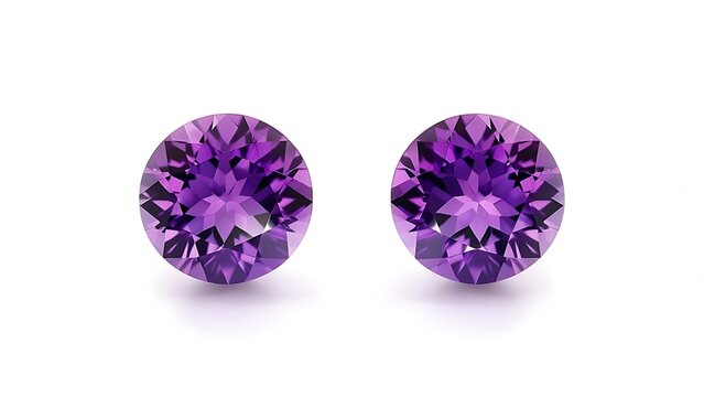 Two round, faceted purple gemstones sit side-by-side, reflecting light. The background is white, showcasing their brilliance