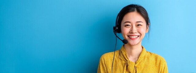 Asian female call center operator smiling with headset, customer support concept, copy space for text --ar 8:3 --v 7 Job ID: cec54e6f-78cd-4b80-8dfa-1742c94a2f47