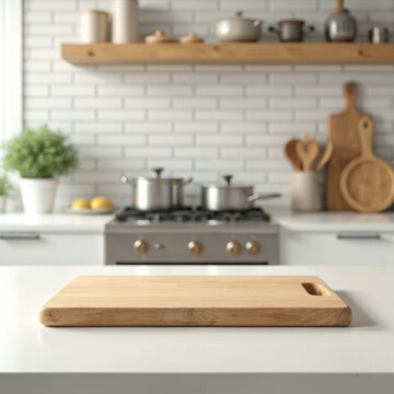 Wooden board sits on clean kitchen counter. Pots boil on stove behind it. Interior is bright and modern with white subway tile backsplash and wooden shelves.