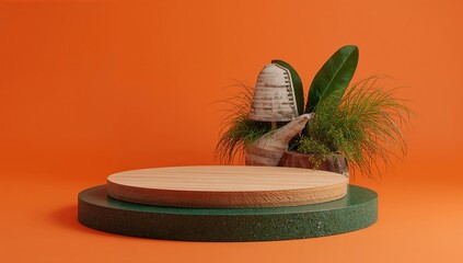 Wooden platform with green plant and orange background