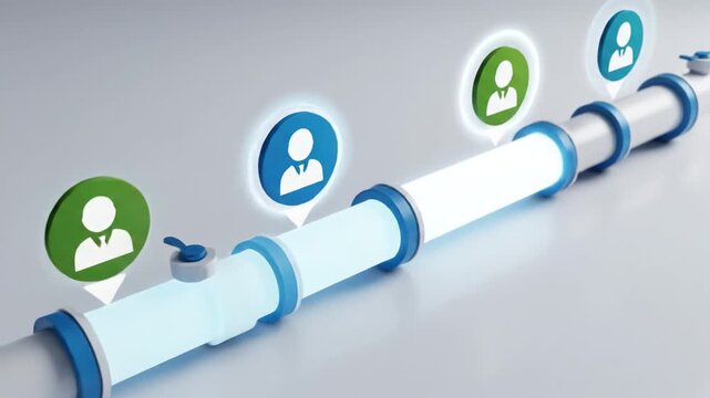 User icon pipeline with glowing segments and pointers showing team member profiles along corporate data flow and connection, pipeline network with user location marker icon above curved metallic pipe