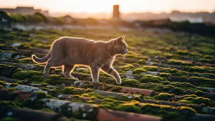 Cat strides across mossy rooftop tiles at sunrise. Cityscape blurred background