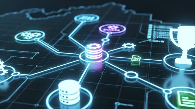 Neon network illustration showing centralized database node connected to multiple data services and gears futuristic digital interface conveying cloud integration and secure data flow glowing gear