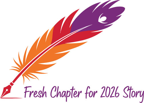 Feather with inkwell and text 'fresh chapter for 2026 story' isolated on transparent background