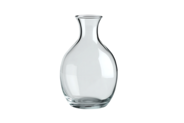 A clear, empty glass vase with a narrow neck and rounded body, isolated on a white background.