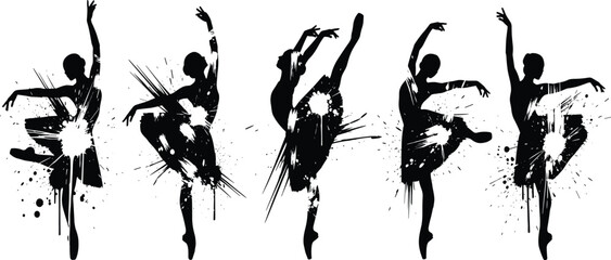 Abstract black ballet dancer silhouettes with dynamic ink splatter effects showcasing graceful contemporary dance movement art illustration design