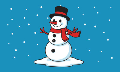 Naklejka premium Cartoon Snowman with Top Hat and Red Scarf – Standing on Snow with Falling Snowflakes for Winter or Holiday Design Assets
