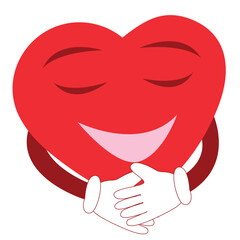 A heart hugging itself with its arms, a vector hero character symbolizing self-love. Vector drawing on a white background.