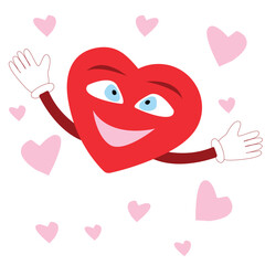 A heart with big eyes is a cartoon character, a smiling hero with arms for hugs. Vector drawing on a white background.
