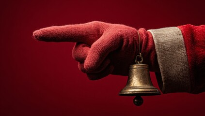 Pointing Gloved Hand Wearing Red Sleeve Holding Small Brass Bell Against Red Background
