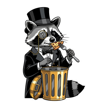 Funny Aristocratic Raccoon in Tuxedo Eating Pizza with Fork by Golden Trash Can