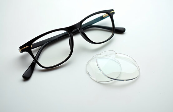 Black framed eyeglasses with clear replacement lenses nearby. Spectacles set on plain white background, suggesting optical care style update. Modern eyewear for clear vision correction needs. - Powered by Adobe