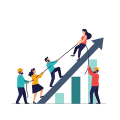 Four diverse business professionals collaboratively pull a teammate up a steep upward success arrow using a rope, depicted in a pure flat 2D vector illustration with vibrant solid colors.