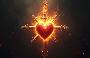 Fototapeta premium A glowing red heart is surrounded by a burning golden cross with ornate details. Flames erupt around the sacred symbol against a dark, mystical background with small floating lights.