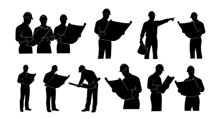 Architects and engineers examining blueprints, construction site team meeting